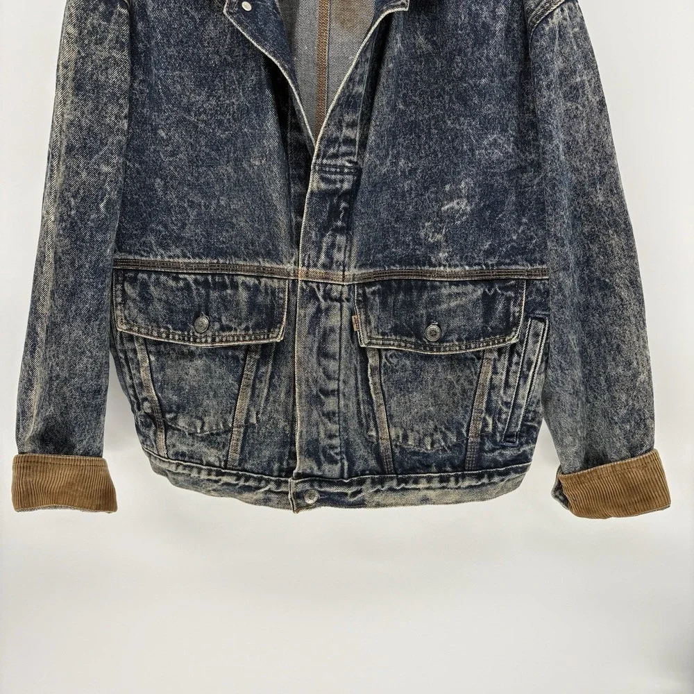 Vintage 80s Levis Denim Chore Jacket A-2 Bomber Buckle Back Orange Tab USA M